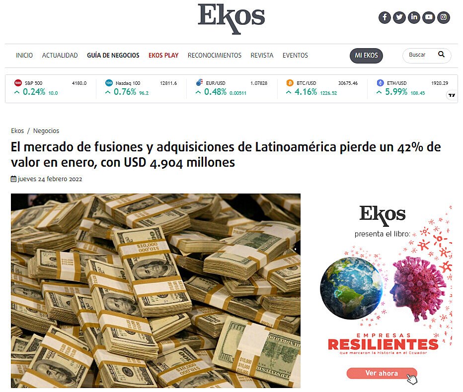 El mercado de fusiones y adquisiciones de Latinoamrica pierde un 42% de valor en enero, con USD 4.904 millones